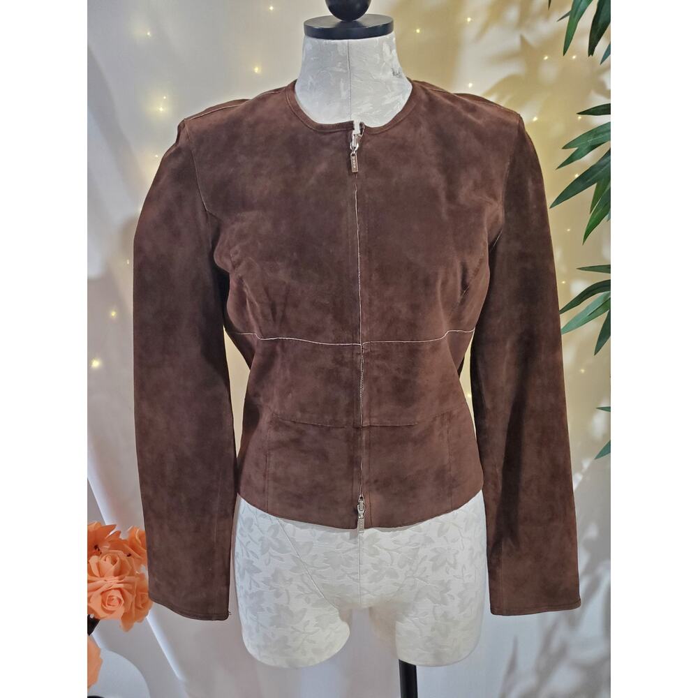 Bebe Vtg Y2K 100% Leather Patchwork Cropped Double Zip Jacket Size M Brown
